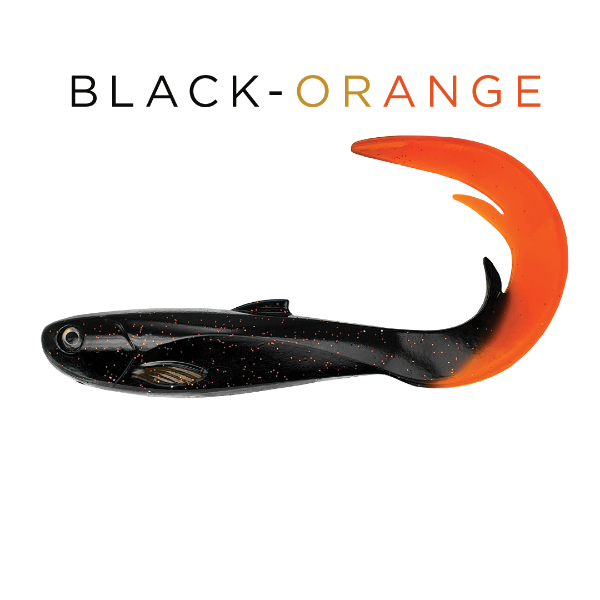 Black and orange fishing lure with 'Black-Orange' text above it on a white background