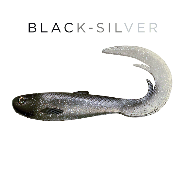 Black and silver fishing lure on a white background with 'BLACK-SILVER' text.