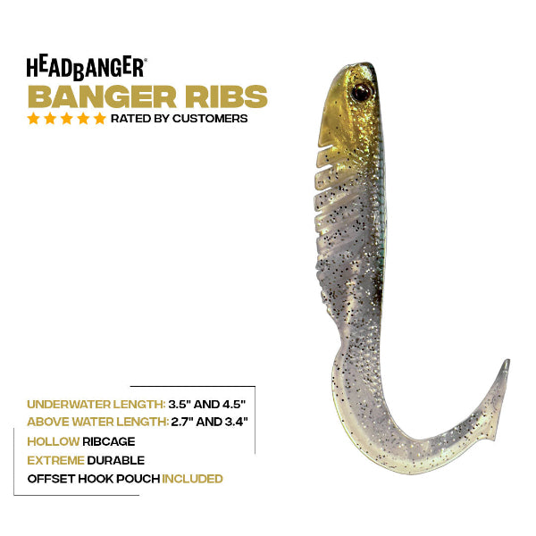 Headbanger Banger Ribs soft plastic fishing lure on a white background with product specifications and customer ratings text.