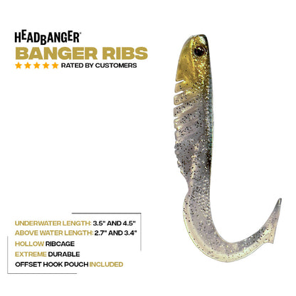 Headbanger Banger Ribs soft plastic fishing lure on a white background with product specifications and customer ratings text.