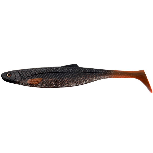 Fishing lure with black and orange pattern on a white background
