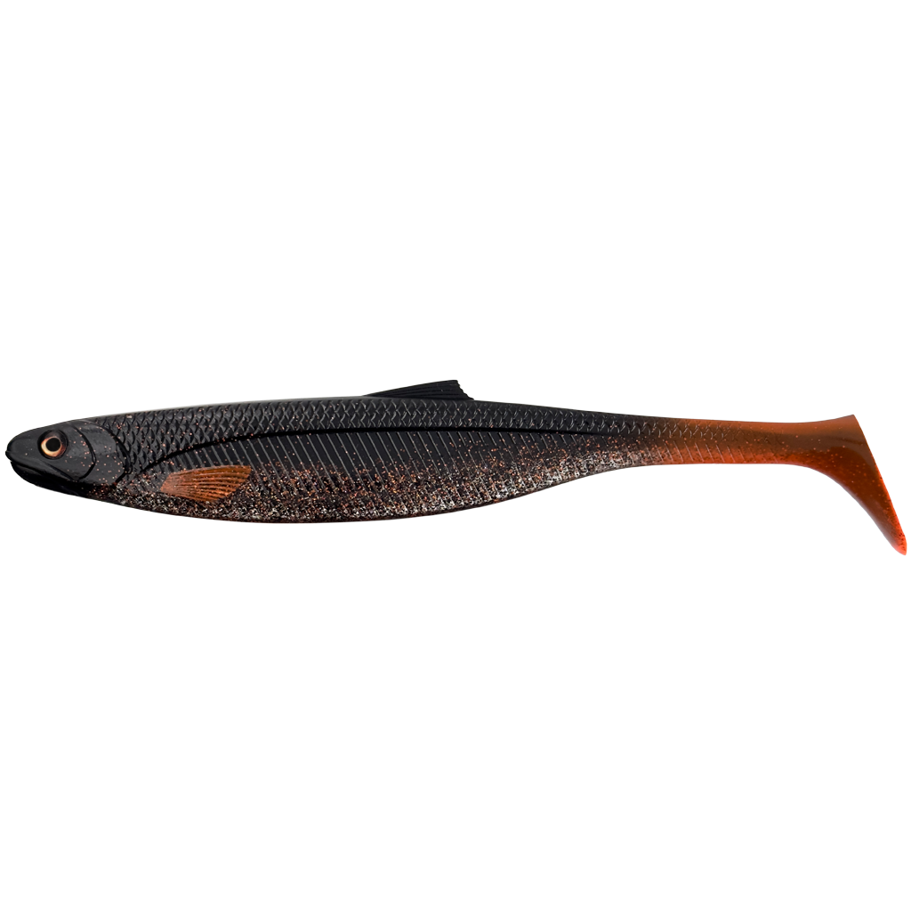Fishing lure with black and orange pattern on a white background