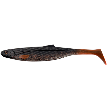 Fishing lure with black and orange pattern on a white background