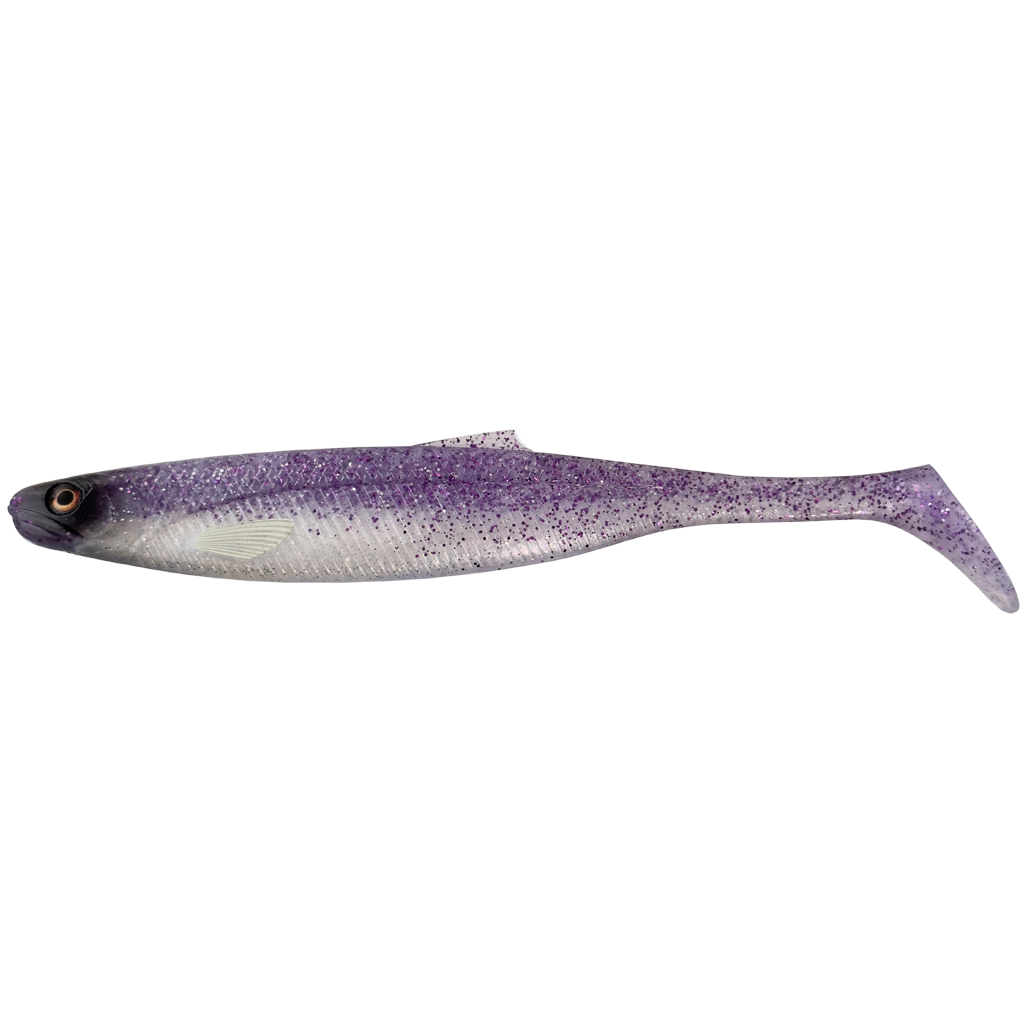Purple and white fishing lure on a white background