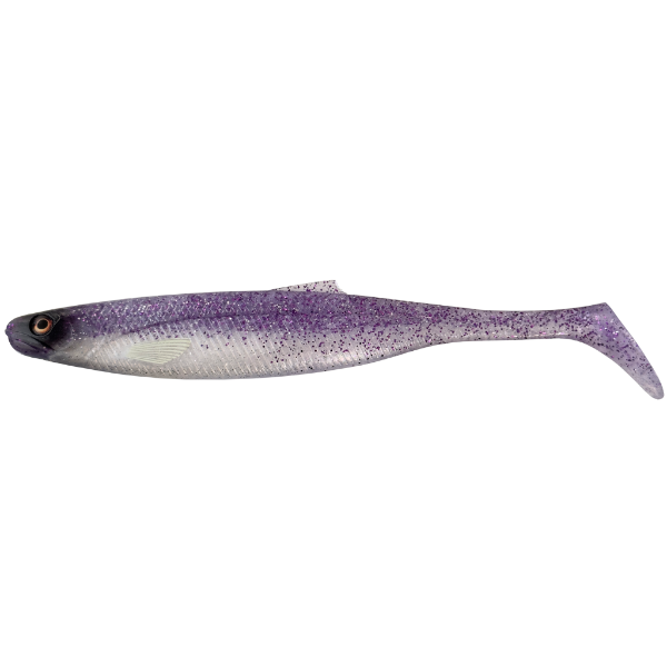 Purple and white fishing lure on a white background