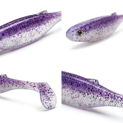 Purple and white glittery fishing lures on a white background