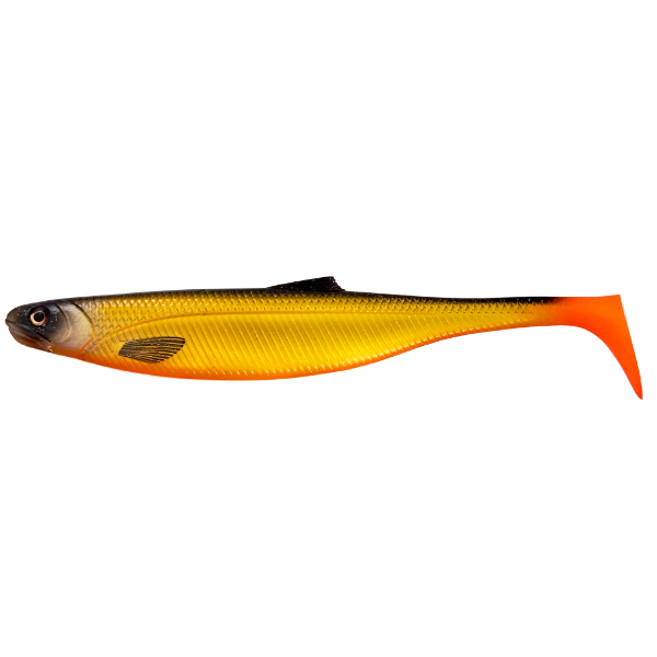 Fishing lure with a yellow body and orange tail on a white background