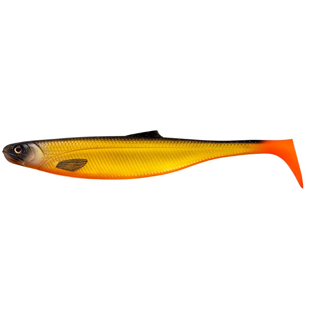 Fishing lure with a yellow body and orange tail on a white background