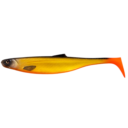 Fishing lure with a yellow body and orange tail on a white background
