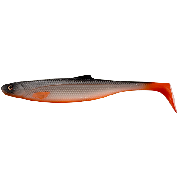 Fishing lure with orange and gray body on a white background