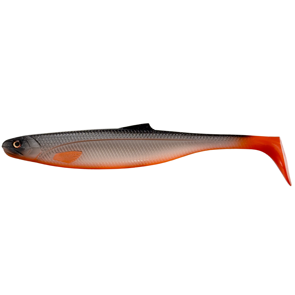 Fishing lure with orange and gray body on a white background