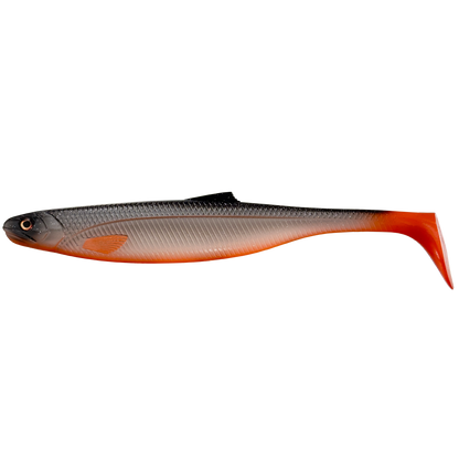 Fishing lure with orange and gray body on a white background