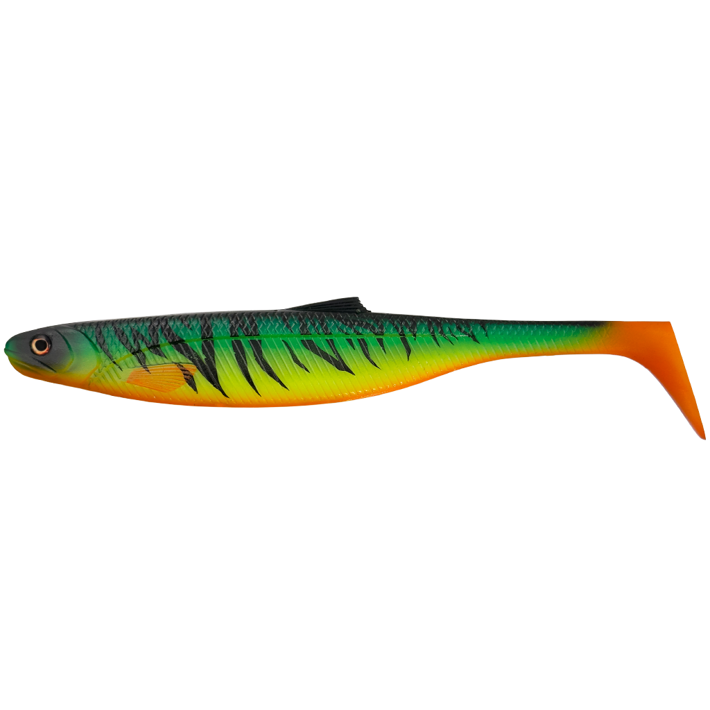 Colorful fishing lure with a gradient of green, orange, and black on a white background