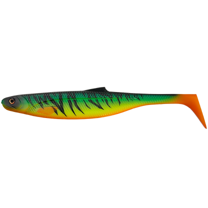 Colorful fishing lure with a gradient of green, orange, and black on a white background