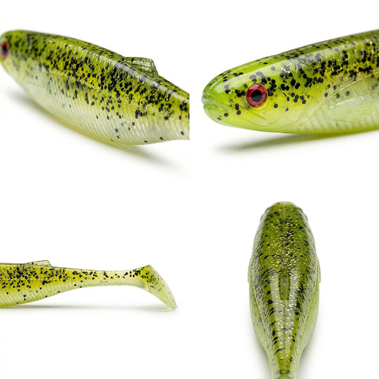 Green and black speckled fishing lures on a white background