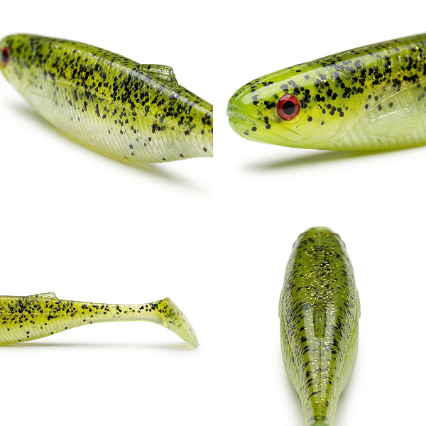 Green and black speckled fishing lures on a white background