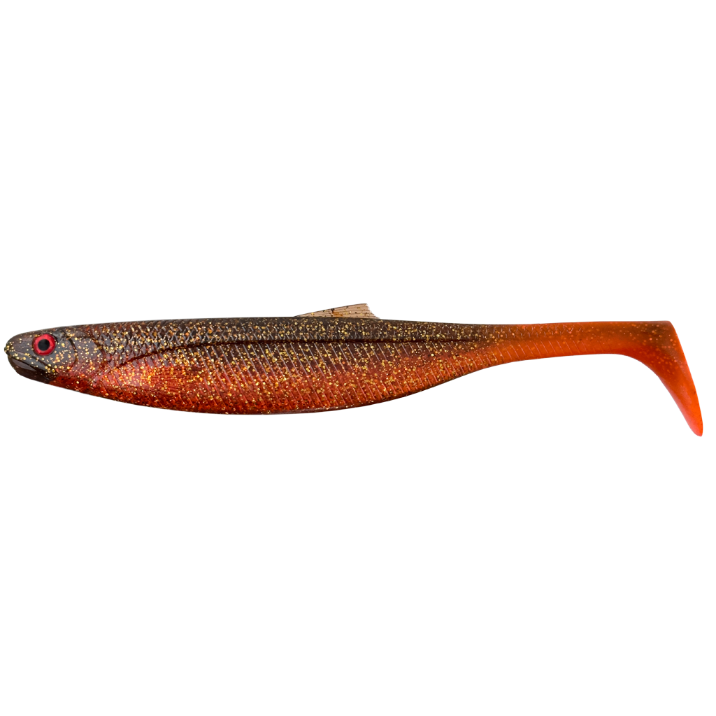 Orange and brown fishing lure on a white background