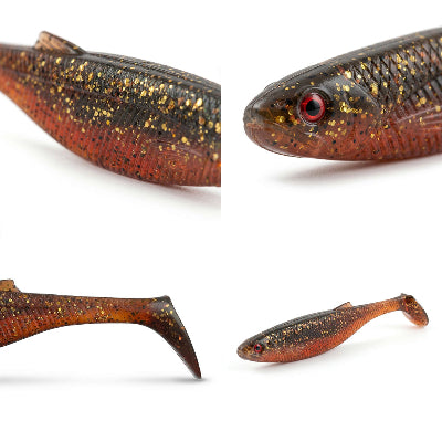 Close-up of a detailed fish-shaped object with red eyes on a white background