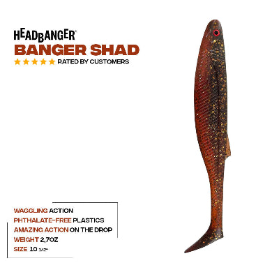 Fishing lure labeled 'Headbanger Banger Shad' on a white background