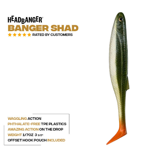 Headbanger Banger Shad soft plastic fishing lure shown vertically on a white background with product text and a rating badge. The lure is dark green with a yellow-orange gradient tail.