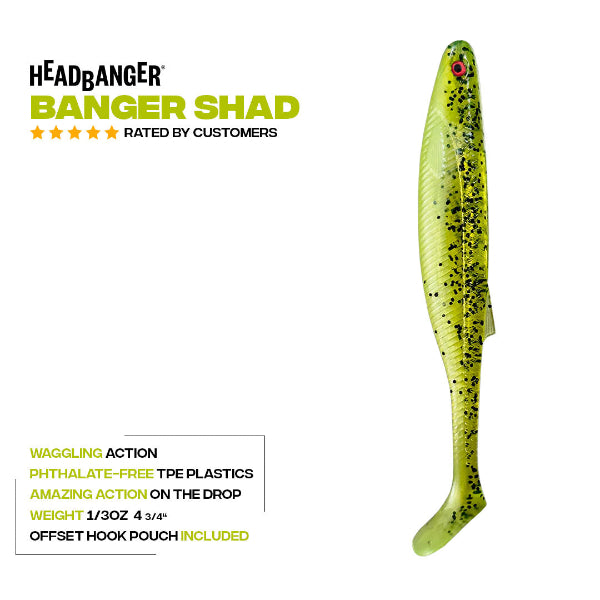 Fishing lure labeled 'Headbanger Banger Shad' on a white background