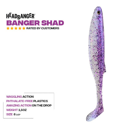 Purple and white fishing lure with 'Headbanger Banger Shad' branding on a white background