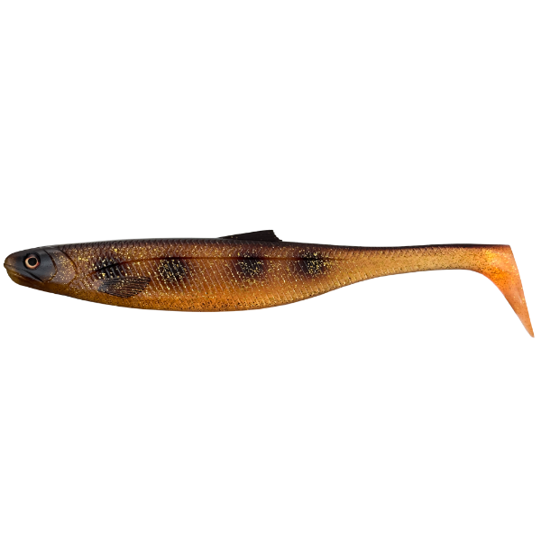 Fishing lure with brown and black pattern on a white background
