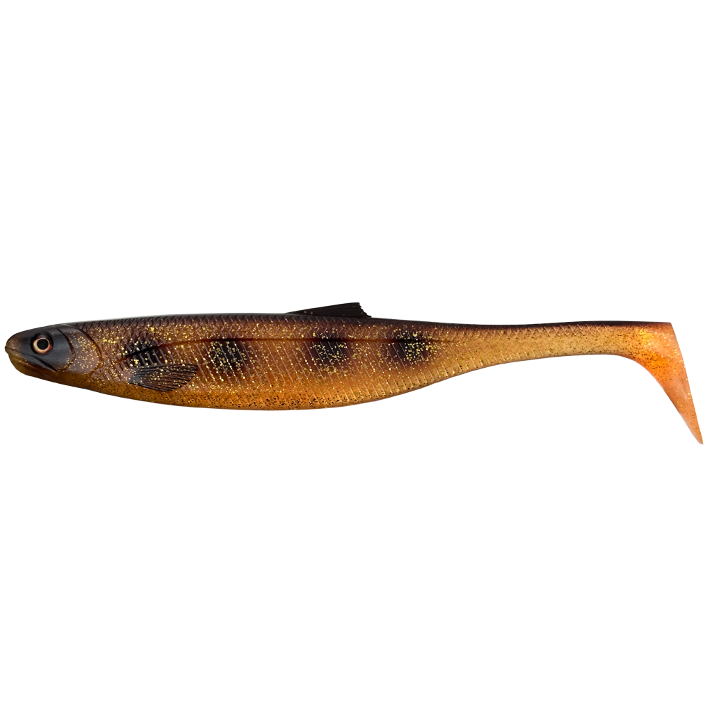 Fishing lure with brown and black pattern on a white background