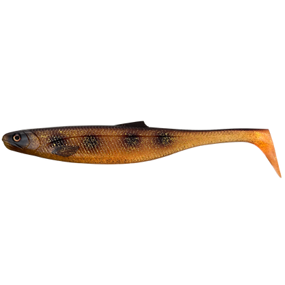 Fishing lure with brown and black pattern on a white background