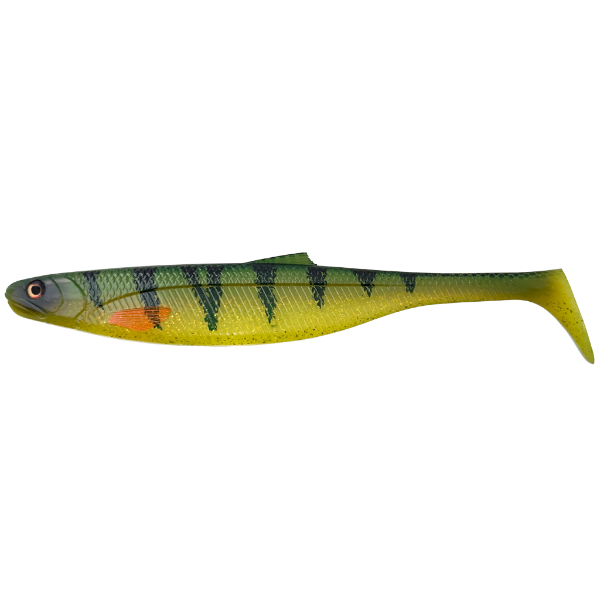 Fishing lure with a striped pattern on a white background
