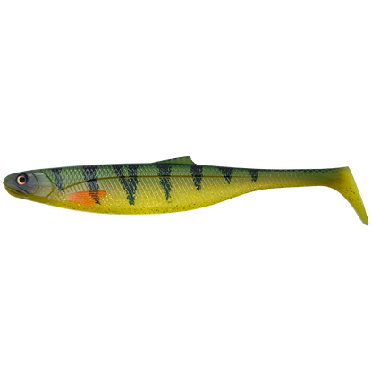Fishing lure with a striped pattern on a white background