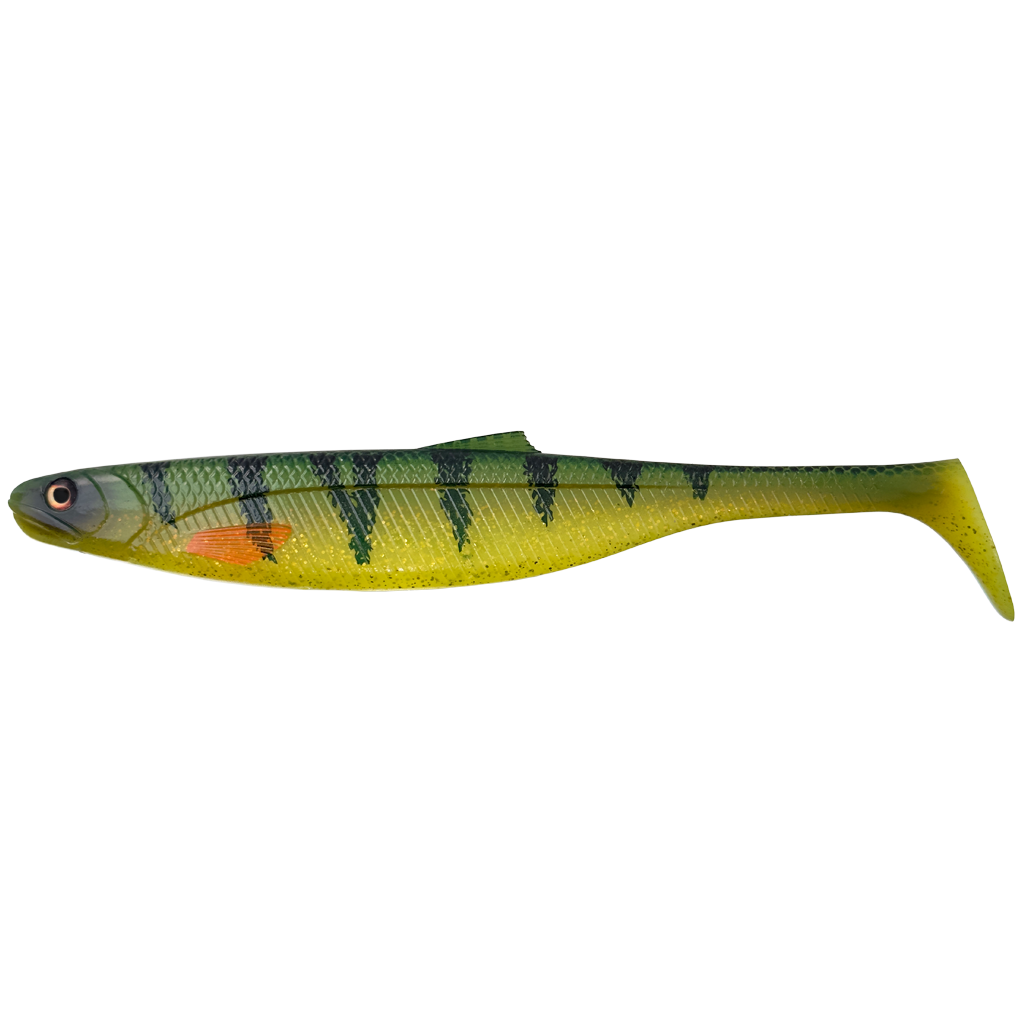 Fishing lure with a striped pattern on a white background