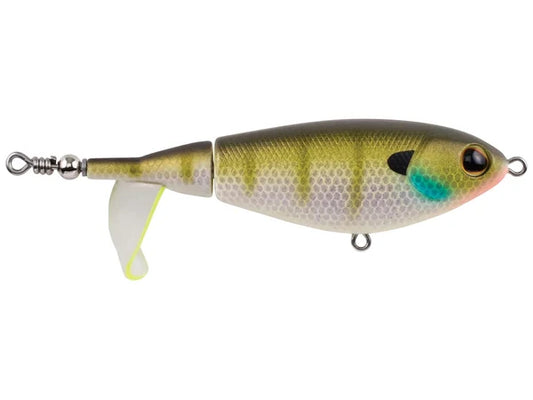Green and white bluegill patterned fishing lure with a paddle tail.