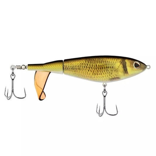 Segmented golden shiner fishing lure with two treble hooks and a tail propeller.