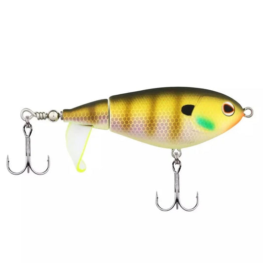 Textured yellow and gold segmented bluegill fishing lure with two treble hooks.
