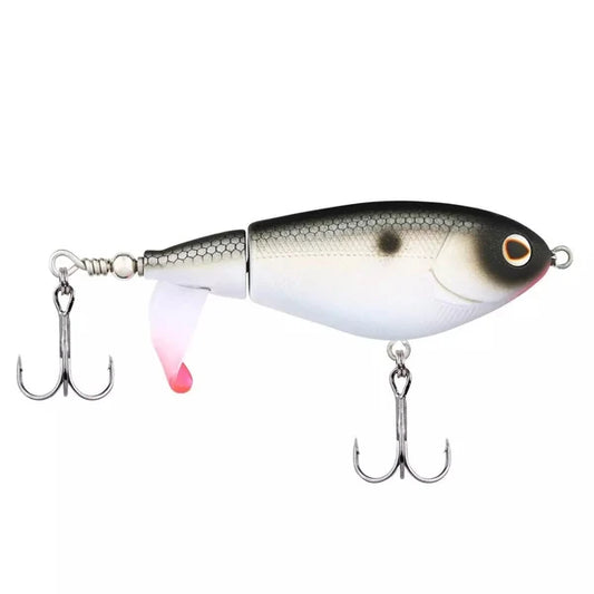White, grey, and black segmented fishing lure with a pink tail and two hooks.