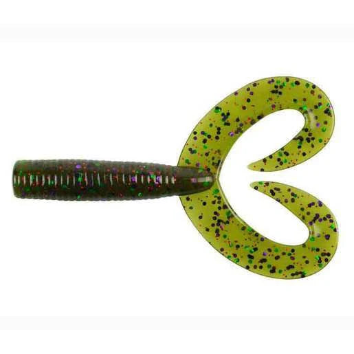 Dark green ribbed fishing lure with glitter and a lime green curly tail.