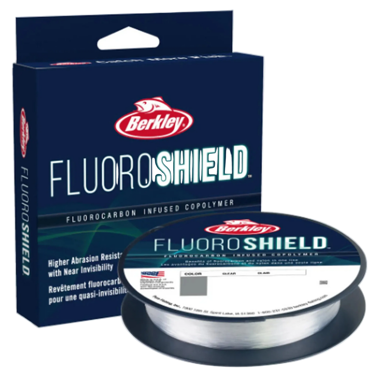 Berkley FluoroShield fishing line packaging and spool on a white background