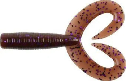 A soft plastic fishing lure with a segmented tail and a curved, looped body, featuring a translucent brown body with purple glitter flakes, shown on a plain white background.