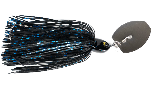 Black and blue spinnerbait fishing lure on a white background