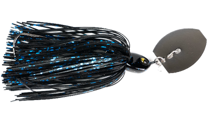 Black and blue spinnerbait fishing lure on a white background