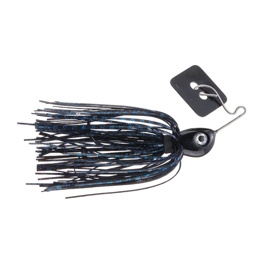 A black and blue skirted fishing lure with a black plastic head, metal split ring, and hook, shown on a plain white background.
