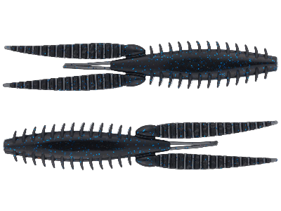 Two black and blue fishing lures on a white background