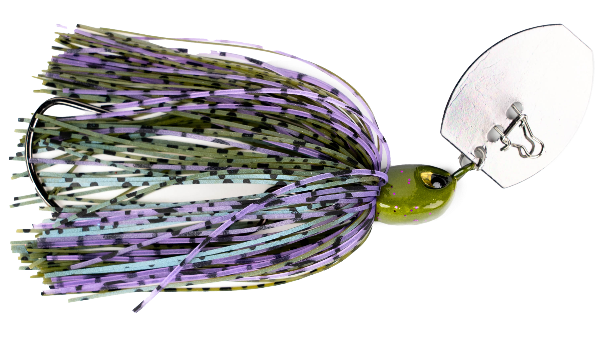 Fishing lure with purple and green details on a white background