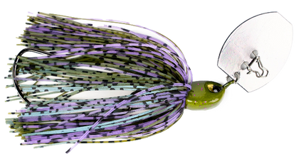 Fishing lure with purple and green details on a white background
