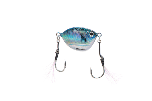 A fishing lure with a metallic blue and silver body, featuring a printed fish pattern, black swivels, and pink skirted hooks, shown on a solid white background.