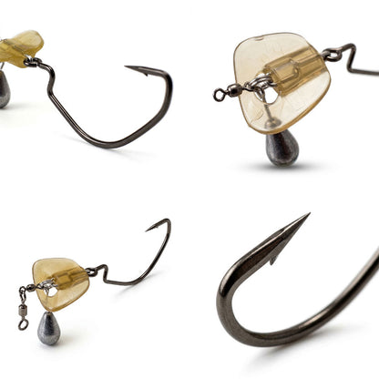 Fishing hooks with various weights and colors on a white background