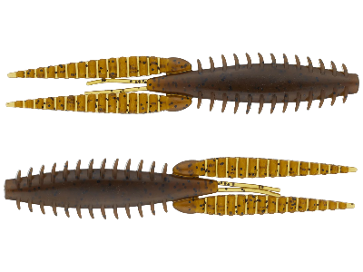 Two fishing lures with brown and yellow bodies on a white background