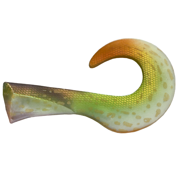 Fishing lure with a green and yellow pattern on a white background