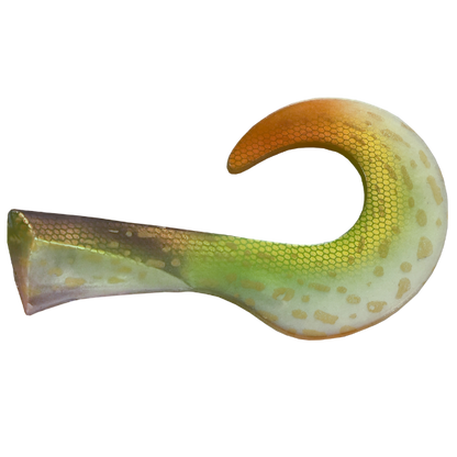Fishing lure with a green and yellow pattern on a white background